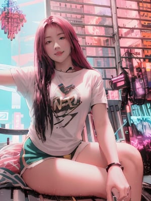 Masterpiece, Best quality, Photorealistic, Ultra-detailed, finedetail, high resolution, 8K wallpaper,   there is an anime girl with pink hair sitting on a stool in a store, artwork in the style of guweiz, guweiz, dreamy cyberpunk girl, digital cyberpunk anime art, anime vibes, in cyberpunk style, cyberpunk art style, anime style mixed with fujifilm, cyberpunk anime girl, digital cyberpunk - anime art, cyberpunk vibes, cyberpunk vibe, lofi girl