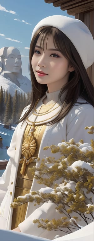 Masterpiece, Best quality, Photorealistic, Ultra-detailed, finedetail, high resolution, 8K wallpaper,  there is a woman in a white hat and coat standing on a balcony, palace , a girl in hanfu, ((a beautiful fantasy empress)), beautiful character painting, elegant digital painting, white robe with gold accents, a beautiful fantasy empress, golden-white robes, digital art of an elegant, white hanfu, beautiful digital painting, inspired by Lan Ying