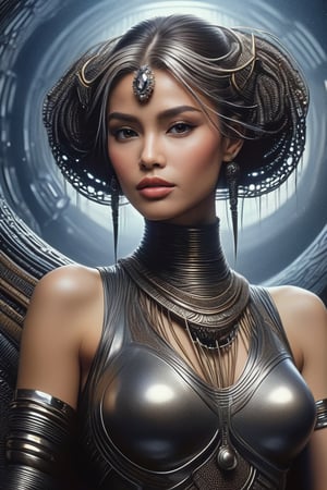 CG_v3, ((masterpiece, best quality)), (best quality, 4k,8k, high resolution, masterpiece: 1.2), ultra detailed, Masterpiece, highest quality, long sliver hair solo lady, a brown black and white tribal face with dots on it, in the style of futuristic space elements glamour, animated gifs, stefan gesell, algorithmic artistry, android jones, tim hildebrandt, pop art with a dark side consumer culture blade runner dune Hr Giger,style,concept