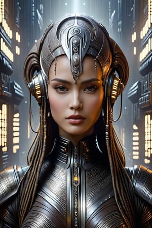 CG_v3, ((masterpiece, best quality)), (((best quality, 4k,8k, high resolution, masterpiece: 1.2))), ultra detailed, long sliver hair solo lady, a brown black and white tribal face with dots on it, in the style of futuristic space elements glamour, stefan gesell, algorithmic artistry, android jones, tim hildebrandt, pop art with a dark side consumer culture blade runner dune Hr Giger,style,concept,cyberpunk style