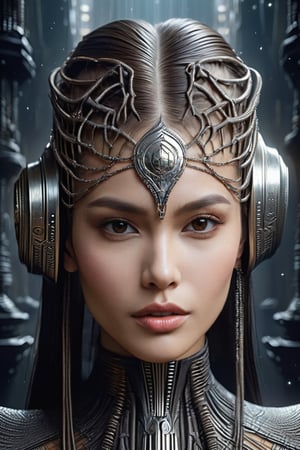 CG_v3, ((masterpiece, best quality)), (((best quality, 4k,8k, high resolution, masterpiece: 1.2))), ultra detailed, long sliver hair solo lady, a brown black and white tribal face with dots on it, in the style of futuristic space elements glamour, stefan gesell, algorithmic artistry, android jones, tim hildebrandt, pop art with a dark side consumer culture blade runner dune Hr Giger,style,concept