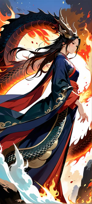 ((masterpiece, best quality, absurdres,expressive,)),anime, realistic,donghua,epic, beautiful, ,(mature:0.9), gorgeous, tall,dragon in a intricate cloak, dragon horns, elegant chinese robe,more detail XL,dark colours, dramatic pose, defined face,(view from below:1.0),(detailed face:1.0),scales and fire,