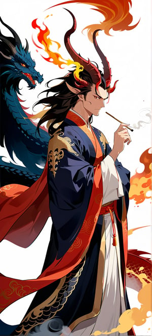 Portrait,((masterpiece, best quality, absurdres,expressive,)),anime style,donghua,epic, handsome ,(mature:0.9), , tall,dragon in a intricate cloak, dragon horns, elegant chinese robe,more detail XL,dark colours, defined face,dynamic pose,(detailed face:1.0),smoke and fire, feathered fan,