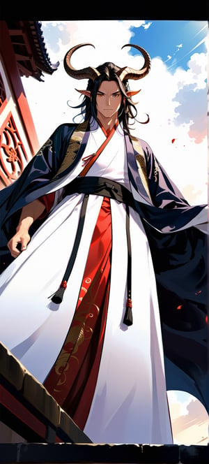 ((masterpiece, best quality, absurdres,expressive,)),anime, realistic,epic,handsome, tall, intricate dragon cloak, dragon horns, elegant chinese robe,more detail XL,dark colours,, dramatic pose, defined face,(view from below:1.2),(detailed face:1.0),