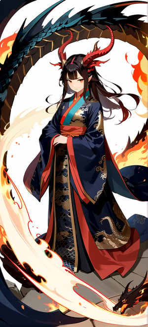 ((masterpiece, best quality, absurdres,expressive,)),anime, donghua,epic, beautiful, pretty, gorgeous, tall,dragon in a intricate cloak, dragon horns, elegant chinese robe,more detail XL,dark colours,(mature:0.9), dramatic pose, defined face,(view from above:1.2),(detailed face:1.0),scales and fire,