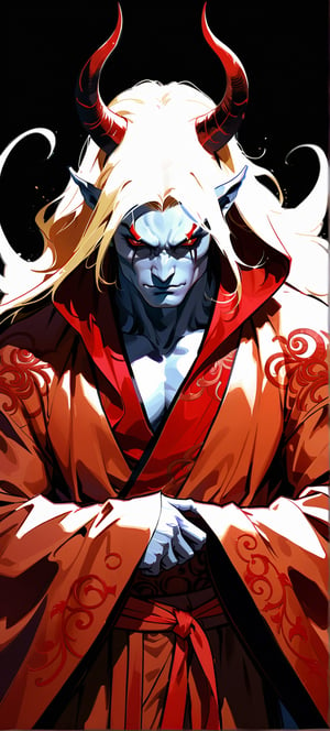 ((masterpiece, best quality, absurdres,aesthetic,expressive,)),anime, realistic,epic,handsome, tall,devil in an intricate cloak, devil horns, elegant chinese robe,more detail XL,dark colours,, dramatic pose, defined face,