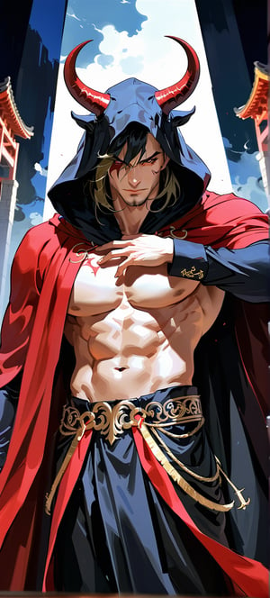 ((masterpiece, best quality, absurdres,aesthetic,expressive,)),anime, realistic,epic,handsome, tall,devil in a hooded cloak, devil horns, elegant chinese robe,more detail XL,dark colours,, dramatic pose,