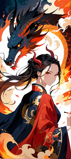 Portrait,((masterpiece, best quality, absurdres,expressive,)),anime style,donghua,epic, beautiful, ,(mature:0.9), gorgeous,(curvy:0.9), tall,dragon in a intricate cloak, dragon horns, elegant chinese robe,more detail XL,dark colours, defined face,dynamic pose,(detailed face:1.0),smoke and fire, feathered fan,
