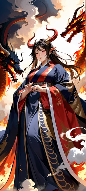 ((masterpiece, best quality, absurdres,expressive,)),anime, realistic,donghua,epic, beautiful, ,(mature:0.9), gorgeous,(curvy:0.9), tall,dragon in a intricate cloak, dragon horns, elegant chinese robe,more detail XL,dark colours, dramatic pose, defined face,(view from below:1.0),(detailed face:1.0),smoke and fire,