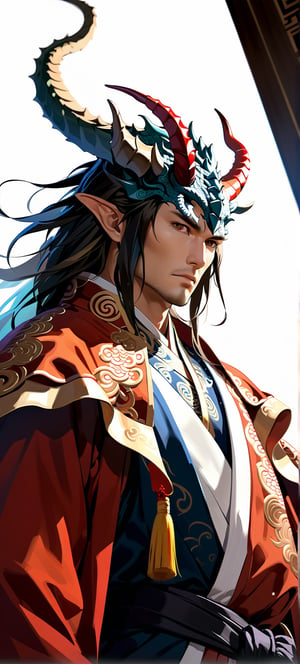 ((masterpiece, best quality, absurdres,expressive,)),anime, realistic,epic,handsome, tall,dragon in an intricate cloak, dragon horns, elegant chinese robe,more detail XL,dark colours,, dramatic pose, defined face,(view from below:1.2),(detailed face:1.0),