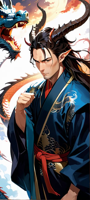 ((masterpiece, best quality, absurdres,expressive,)),anime, realistic,epic,handsome, tall,dragon in a intricate cloak, dragon horns, elegant chinese robe,more detail XL,dark colours,, dramatic pose, defined face,(view from above:1.2),(detailed face:1.0),