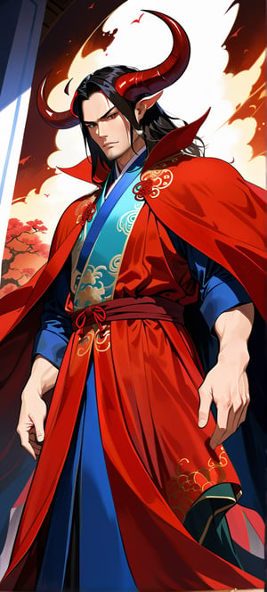 ((masterpiece, best quality, absurdres,expressive,)),anime, realistic,epic,handsome, tall,devil in an intricate cloak, devil horns, elegant chinese robe,more detail XL,dark colours,, dramatic pose, defined face,(view from below:1.0)