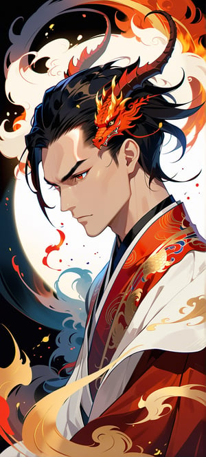 Portrait,((masterpiece, best quality, absurdres,expressive,)),anime style,donghua,epic, handsome ,(young:0.9), , tall,a symbol between eyebrows,undercut hair,dragon in a intricate cloak, dragon horns, elegant chinese robe,more detail XL,dark colours, defined face,dynamic pose,(detailed face:1.0),smoke and fire, feathered fan,
