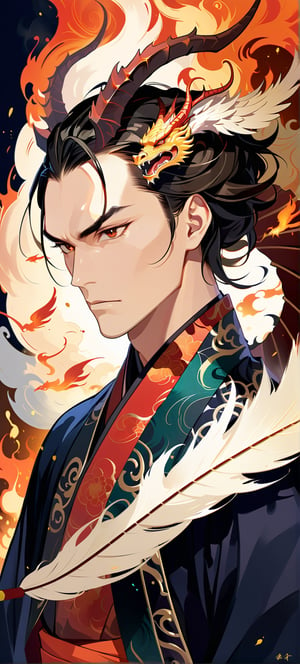 Portrait,((masterpiece, best quality, absurdres,expressive,)),anime style,donghua,epic, handsome ,(young:0.9), , tall,a symbol between eyebrows,dragon in a intricate cloak, dragon horns, elegant chinese robe,more detail XL,dark colours, defined face,dynamic pose,(detailed face:1.0),smoke and fire, feathered fan,