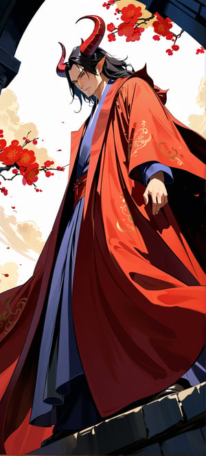 ((masterpiece, best quality, absurdres,expressive,)),anime, realistic,epic,handsome, tall,devil in an intricate cloak, devil horns, elegant chinese robe,more detail XL,dark colours,, dramatic pose, defined face,(view from below:1.2)