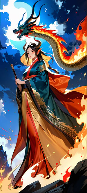 ((masterpiece, best quality, absurdres,expressive,)),anime, realistic,donghua,epic, beautiful, pretty, gorgeous, tall,dragon in a intricate cloak, dragon horns, elegant chinese robe,more detail XL,dark colours,(mature:0.9), dramatic pose, defined face,(view from below:1.0),(detailed face:1.0),scales and fire,