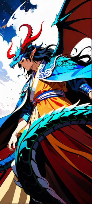 ((masterpiece, best quality, absurdres,expressive,)),anime, realistic,epic,handsome, tall,dragon in an intricate cloak, dragon horns, elegant chinese robe,more detail XL,dark colours,, dramatic pose, defined face,(view from below:1.0)