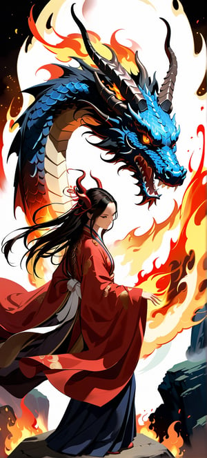 ((masterpiece, best quality, absurdres,expressive,)),anime, realistic,donghua,epic, beautiful, pretty, gorgeous, tall,dragon in a intricate cloak, dragon horns, elegant chinese robe,more detail XL,dark colours,(mature:0.9), dramatic pose, defined face,(view from above:1.2),(detailed face:1.0),scales and fire,