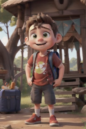 Happy Chubby Young boy wearing red shirt and blue backpack with cargo shorts 
and oversized snickers outside a treehouse

