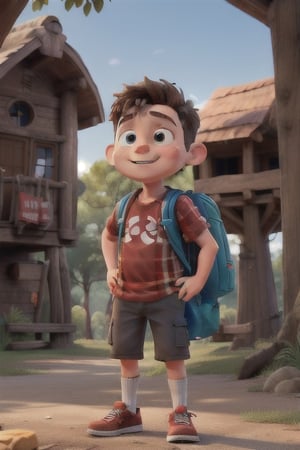 Chubby Young boy wearing red shirt and blue backpack with cargo shorts 
and oversized snickers outside a treehouse

