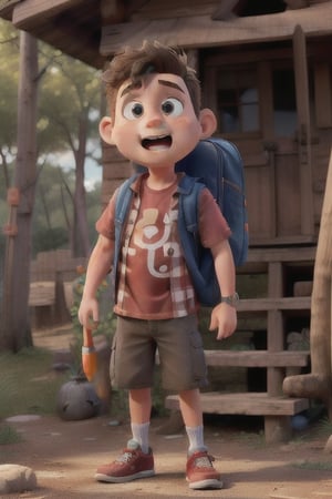 Shocked Chubby Young boy wearing red shirt and blue backpack with cargo shorts 
and oversized snickers outside a treehouse

