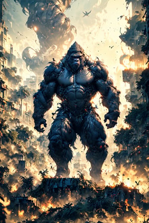 (Masterpiece:1.5), (Best quality:1.5), Cyberpunk style, full body, A towering King Kong, amidst a ruined city, bellows in fury. The massive creature, its fur a shimmering silver, muscles rippling beneath its majestic form, stands as a symbol of primal power and untamed beauty. This remarkable image is a digitally enhanced photograph, capturing every intricate detail with stunning clarity and depth. The backdrop of crumbling buildings and twisted metal only serves to enhance the gorilla's imposing presence, making it a truly unforgettable sight. With each pixel meticulously crafted, this image exudes a sense of awe and wonder, leaving viewers breathless in the face of such magnificence, King Kong,Magic Forest,no_humans,mechadinov1,naked,DonM4lbum1n