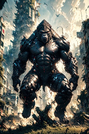 (Masterpiece:1.5), (Best Quality:1.5), Cyberpunk style, full body, a giant Kong running, jumping, climbing, destroying, and fighting in a future high-tech city. This huge creature, its fur shimmering with silver light, muscles fluctuating under its majestic form, symbolizing primitive power and untamed beauty. This eye-catching image is a digitally enhanced photo that captures every intricate detail with amazing clarity and depth. The background of collapsed buildings and twisted metal only enhances the majestic presence of the ape, making it a truly unforgettable sight. Every pixel is meticulously crafted, this image emits a sense of awe and wonder, leaving the viewer breathless in the face of such grandeur, Kong, magic forest, no humans, mechadinov1, naked, DonM4lbum1n