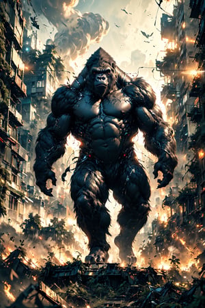 (Masterpiece:1.5),(Best Quality:1.5), Cyberpunk style, full body, a towering King Kong running and leaping in a ruined city. This enormous creature, its fur shimmering with silver light, muscles undulating under its majestic form, symbolizes raw power and untamed beauty. This eye-catching image is a digitally enhanced photograph, capturing every intricate detail with astounding clarity and depth. The backdrop of collapsed buildings and twisted metal only enhances the imposing presence of the gorilla, making it a truly unforgettable sight. Every pixel is meticulously crafted, this image radiates a sense of awe and wonder, leaving the audience breathless in the face of such grandeur, King Kong, magical forest, no humans, mechadinov1, naked, DonM4lbum1n