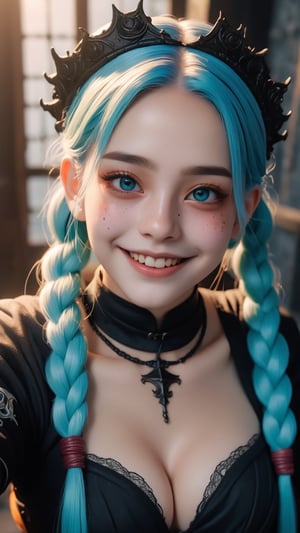 1girl, multicolored hair, twin braids, mask, bell, aqua eyes, smile, light smile, makeup, high detail, Gothic art, ray tracing, projected inset, from above, Sony FE GM, UHD, masterpiece, ccurate, anatomically correct, textured skin
,aesthetic portrait,realhands