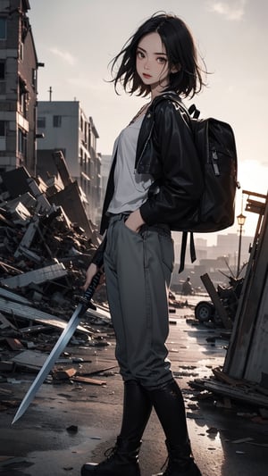 A girl stands on a broken bridge in a destroyed city filled with rubble and ruins. The scene is set in a gray and gloomy tone with a hint of green glow. The girl is Asian with short, slightly messy black hair. She has a determined expression on her face. She stands firmly, holding a short sword in her right hand and a small backpack in her left. She is dressed in a worn leather jacket, military pants, and combat boots, accessorized with a necklace made of bullet shells. The photo is taken from a low angle to emphasize her strength and determination. The lighting is backlit, with the source coming from a distant sunset, adding a warm hue to the background. The focus is sharp on the girl in the foreground, while the ruins in the background are slightly blurred. The photographic style is realistic. The background details include collapsed buildings, overgrown weeds, and occasional broken vehicles.