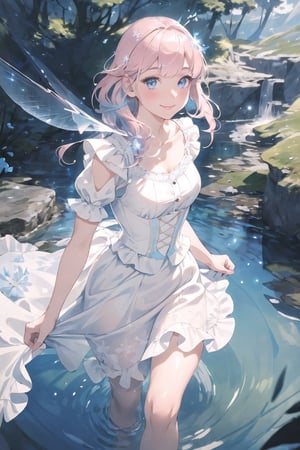Masterpiece, Top Quality, Official Art, 8K), (Attractive Woman), Princess, Valley, Clear Water, Splashing Water, 25 Years Old, Blue and Pink Hair, Long Wavy Hair, Head to Knees, Small Bust, Victoria White blouse with toned neck buttons, lots of ruffles, long white skirt, tight white corset, big eyes, blue eyes, glowing eyes, smile, vintage gothic, inset lighting, dazzling backlight, amazing illustration, perfection, firefly firefly, nodf_lora,girl,no_humans,floral dress