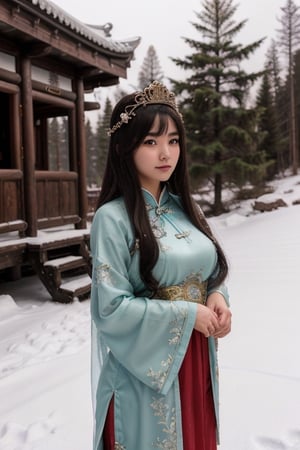 masterpiece, best quality, 1girl, solo, ((beautiful chinese female)), round pupils, long hair, floating hair, ancient princess, on a snowy mountain, cabin with pine trees in the background, ancient costume, chiffon (detailed) (intricate) (8k) (HDR) (cinematic lighting) (sharp focus)