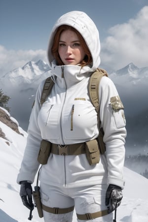 8K, UHD, cinematic, photo-realistic, detailed freckled face, back perspective view, (white female snowwear with hoody) (Barrett MRAD:1.1) white camouflage pants, white backpack, (position prone:1.1) on snowy mountain, under white camouflage net, target crosshair at enemy platoon afar, masterpiece, aesthetic, depth, heavy snow fall, atmospheric mist, hazy environment