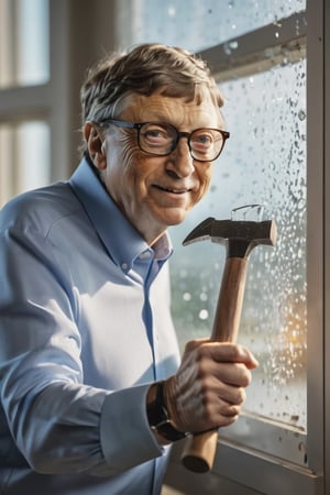 8K, UHD, ultra super wide-angle shot, photo-realistic, cinematic, Bill gates breaking the glass of a window with a hammer, HighDynamicRange,contours,High- sharpness,Anatomical correct,textureskin