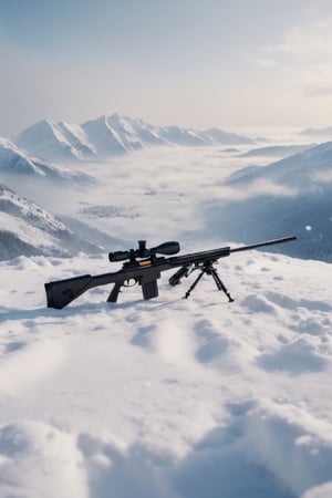 8K, UHD, cinematic, hyper-realistic, view through scope, (sniper rifle:1.1) Barrett MRAD (target crosshair:1.1) aiming at army person, girl in white winterwear, masterpiece, aesthetic, depth, heavy snow mountaintop, atmospheric mist, hazy environment