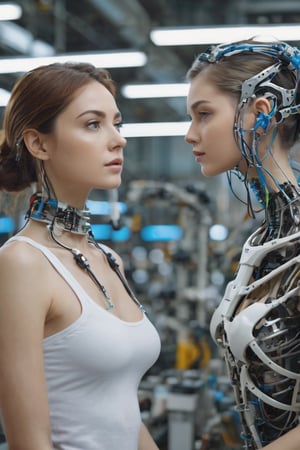 8K, UHD, ultra super wide-angle shot, photo-realistic, cinematic, multiple Mechanical Girls in assembly plant, Mechanical limbs, Tubes connected to mechanical parts, Mechanical vertebrae skin, ultimate-realistic eyes, attached to the spine, Mechanical cervical attachment to the neck, ribs, pulvic and ankle, Wires and cables connecting to the head, very pretty girl, Surreal dreams,Ethereal atmosphere,,HighDynamicRange,contours,High- sharpness,Anatomical correct,textureskin