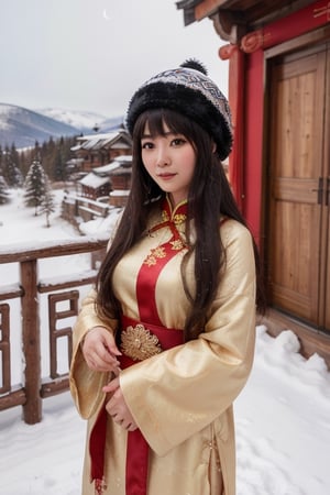 masterpiece, best quality, 1girl, solo, ((beautiful chinese female)), round pupils, long hair, floating hair, ancient princess, on a snowy mountain, cabin with pine trees in the background, Mongolia costume and traditional winter hat, (detailed) (intricate) (8k) (HDR) (cinematic lighting) (sharp focus)