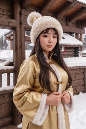masterpiece, best quality, 1girl, solo, ((beautiful chinese female)), round pupils, long hair, ros cheeks, ancient princess, on a snowy mountain, cabin with pine trees in the background, Mongolia costume and traditional winter fur hat, (detailed) (intricate) (8k) (HDR) (cinematic lighting) (sharp focus)