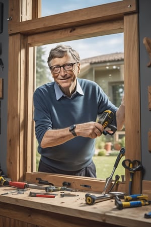 8K, UHD, ultra super wide-angle shot, photo-realistic, cinematic, Bill gates fixing a window with tools, HighDynamicRange,contours,High- sharpness,Anatomical correct,textureskin