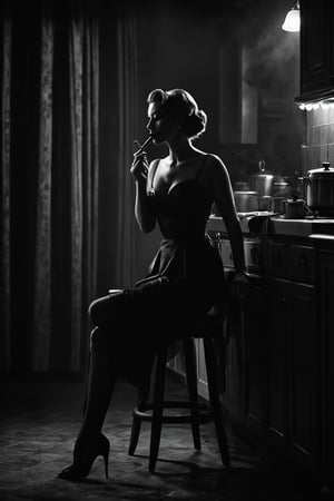 8K, UHD, low-light shot, ultra high-shadow, super dark, portrait, photo-realistic, cinematic, pure B&W photo, profile of a woman, kitchen, cigar smoke, floor, chair, drapes, looking in mirror,  body part, vintage boudour, elegant posture, partial, abstract, thought-provoking, mysterious