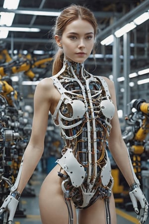 8K, UHD, ultra super wide-angle shot, photo-realistic, cinematic, multiple Mechanical Girls in assembly plant, Mechanical limbs, Tubes connected to internal mechanical parts, Mechanical vertebrae skin, ultimate-realistic eyes, Mechanical neck, ribs, pulvic and ankle, Wires and cables connecting to the head, very pretty girl, HighDynamicRange,contours,High- sharpness,Anatomical correct,textureskin
