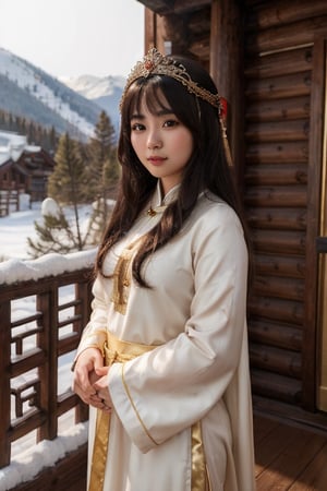 masterpiece, best quality, 1girl, solo, ((beautiful chinese female)), round pupils, long hair, floating hair, ancient mongolian princess, on a snowy mountain, cabin with pine trees in the background, ancient costume, chiffon (detailed) (intricate) (8k) (HDR) (cinematic lighting) (sharp focus)