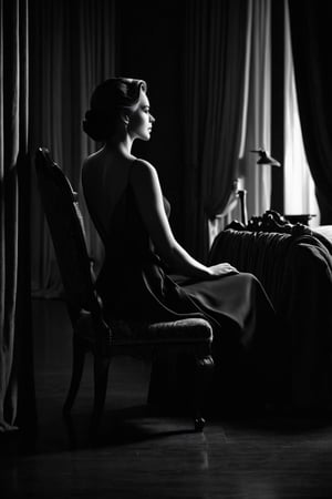 8K, UHD, low-light shot, ultra high-shadow, super dark, portrait, photo-realistic, cinematic, B&W photo, profile of a woman, bed, floor, chair, drapes, looking in mirror,  body part, vintage boudour, elegant posture, partial, abstract, thought-provoking, mystique