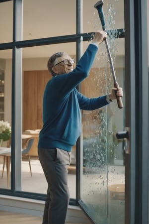 8K, UHD, ultra super wide-angle shot, photo-realistic, cinematic, Bill gates breaking the glass of a window with a hammer, HighDynamicRange, High- sharpness, Anatomical correct