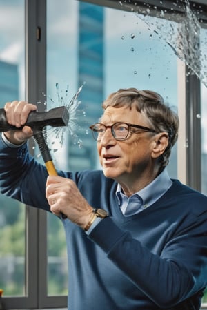 8K, UHD, ultra super wide-angle shot, photo-realistic, cinematic, Bill gates breaking the glass of a window with a hammer, HighDynamicRange, High- sharpness, Anatomical correct