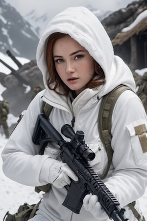 8K, UHD, cinematic, photo-realistic, detailed freckled face, back perspective view, (white female snowwear with hoody) (white Barrett MRAD:1.1) white camouflage pants, white backpack, (position prone:1.1) on snowy mountain, target crosshair, under white camouflage net, aiming at enemy platoon afar,  masterpiece, aesthetic, depth, heavy snow fall, atmospheric mist, hazy environment