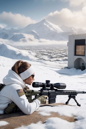 8K, UHD, cinematic, photo-realistic, view through scope, Barrett MRAD (target crosshair:1.1) (sniper rifle:0.9) aiming at army base, prone position back view, masterpiece, aesthetic, depth, heavy snow mountaintop, girl in white winterwear with hoody, white camouflage pants, detailed freckled face, atmospheric mist, hazy environment