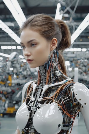 8K, UHD, ultra super wide-angle shot, photo-realistic, cinematic, multiple Mechanical Girls in assembly plant, Mechanical limbs, Tubes connected to internal mechanical parts, Mechanical vertebrae skin, ultimate-realistic eyes, Mechanical neck, ribs, pulvic and ankle, Wires and cables connecting to the head, very pretty girl, HighDynamicRange,contours,High- sharpness,Anatomical correct,textureskin