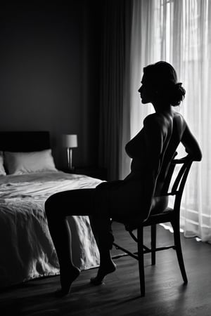 8K, UHD, low-light shot, ultra high-shadow, super dark, double-exposure, portrait, photo-realistic, cinematic, B&W photo, profile of a woman, bed, floor, chair, drapes, hot body part, boudour, unique posture, partial, abstract, thought-provoking, intrigue