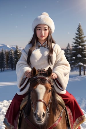 masterpiece, best quality, 1girl, solo, ((beautiful chinese female)), round pupils, long hair, ros cheeks, ancient princess riding a horse, on a snowy field with pine trees, Mongolia costume and traditional winter fur hat, (detailed) (intricate) (8k) (cinematic lighting) (sharp focus)